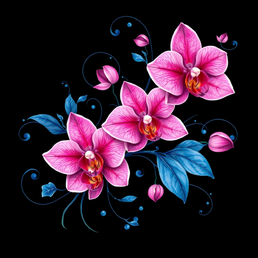 Create an intricate floral illustration featuring vibrant pink orchids, delicate blue leaves, and elegant swirls on a black background, captured with a DSLR camera at f/2.8, 50mm lens, with a soft focus effect for depth and richness in color.