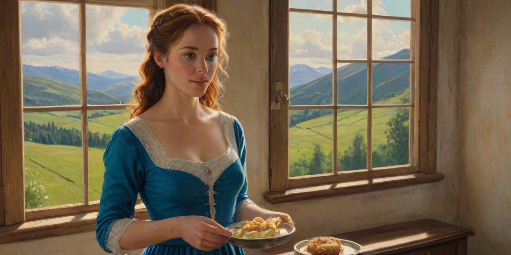 In "A Glass of Beer on the Highland," a serene scene is depicted in a sunlit room where a woman in a vibrant blue dress stands by a large window. She holds a tray with a hearty meal and a frothy glass of beer, embodying a moment of relaxation. Outside, the breathtaking highland landscape features rolling green hills and a charming traditional house, all bathed in warm afternoon light. The interior is adorned with potted plants, creating a harmonious blend of comfort and nature. The painting beautifully captures the tranquility and joy found in simple pleasures amidst stunning scenery