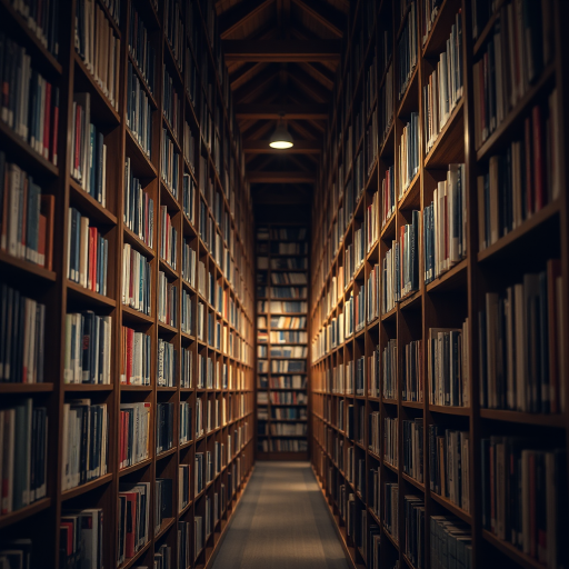 A narrow aisle between tall wooden bookshelves filled with books in a cozy library, soft warm lighting illuminating the space, taken with a Canon EOS R5, 35mm lens, aperture f/2.8, ISO 400, capturing a shallow depth of field for a cozy atmosphere.