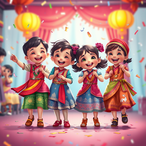 generate an illustration of four joyful children dancing at a festive celebration wearing colorful traditional outfits, captured with a Canon EOS R6, 50mm lens, f/1.8 aperture, ISO 200, shallow depth of field, vibrant colors, animated style, bright background with festive decorations and confetti