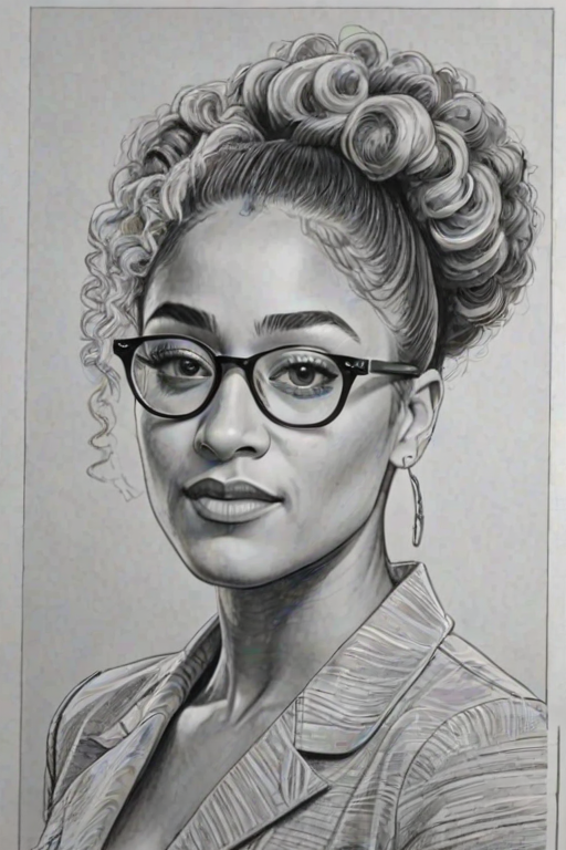 Magnificent Amanda Seales, pencil sketch, portrait of Resplendent woman 1949s in glasses, hair style beatnik, outline, clear lines, fine lines, 8k