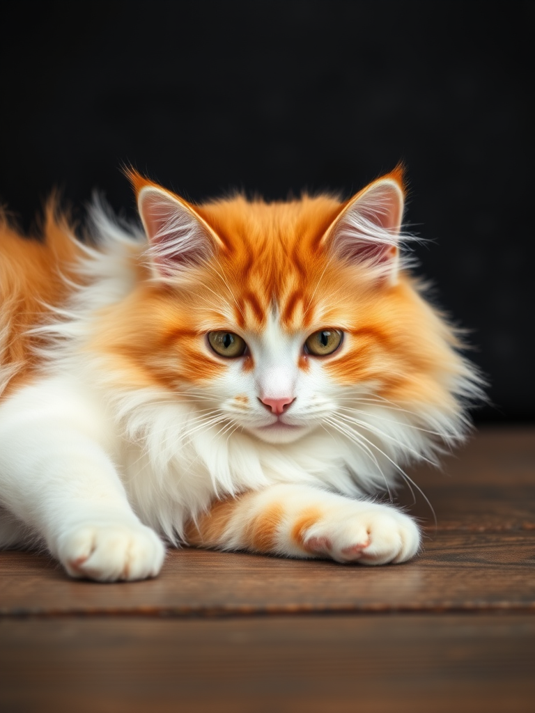 A fluffy orange and white cat lying on a wooden surface with a dark textured background, captured with a Canon EOS 5D Mark IV, 50mm lens, aperture f/1.8, ISO 200, natural light, shallow depth of field.