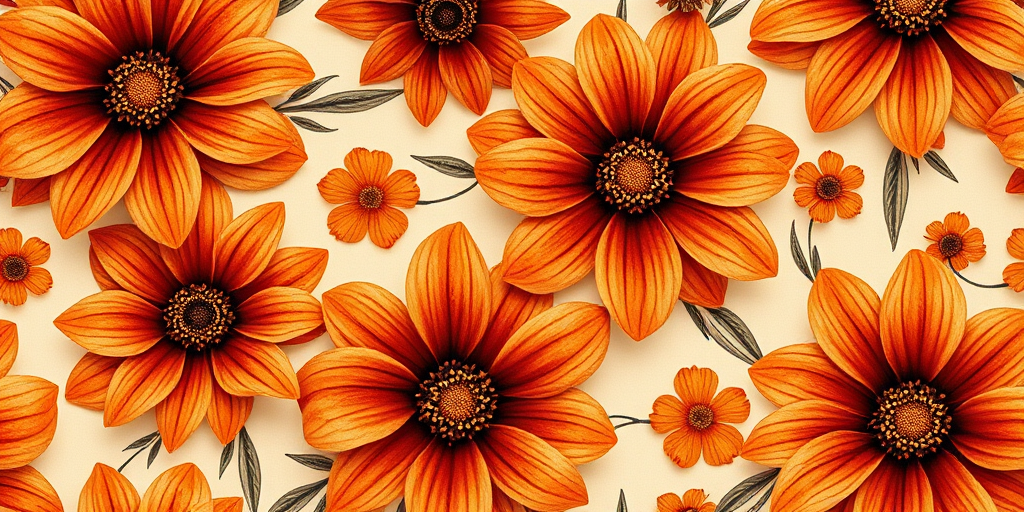 Create a seamless floral pattern featuring large brown and orange flowers on a beige background, captured with a DSLR camera at f/8 aperture, ISO 100, 1/125 second shutter speed, in a top-down view with a macro lens to enhance detail and vibrancy.