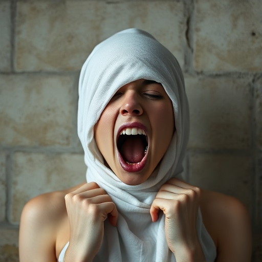 Create a close-up photographic image of the head and torso of a person with light skin tones shown against an old, worn wall. Their head is wrapped in a white cloth covering (i.e.... parts of the head except the nose and mouth, which are open as if they are screaming...), with a slight texture and visible folds in the fabric. Thin strands of blonde hair escape from the wrapping above, falling lightly at the top and sides. Their hands hold the fabric as if they are tugging nervously. The lighting is dramatic and even, casting strong shadows. The image has a minimalist and surreal style with an emphasis on simplicity with soft color tones. The composition is centered.