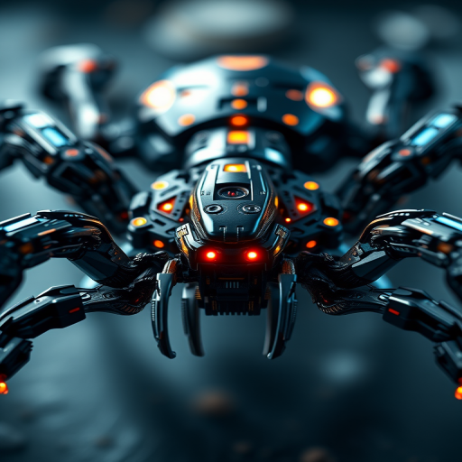 Create a hyper-realistic image of a robotic spider with intricate mechanical details and glowing elements, shot in 4K resolution, using a Canon EOS R5 camera with a 50mm f/1.2 lens, at an aperture of f/2.8, ISO 100, with a shallow depth of field to emphasize the spider against a blurred background.