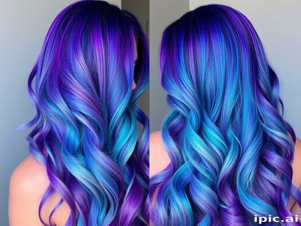 Mesmerizing holographic hair color shifting from purple to blue to green, styled in mermaid waves for an otherworldly "Galactic Siren" look