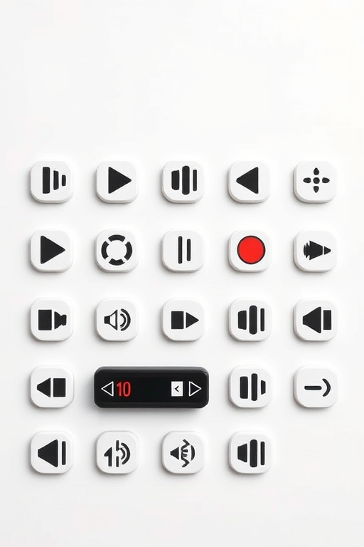 Create a high-resolution image of various audio control icons, including play, pause, stop, rewind, fast-forward, volume, and repeat symbols, arranged neatly on a clean background with a focus on clarity and detail, captured with a DSLR camera at f/8 aperture, ISO 100, 1/200 sec shutter speed, with a top-down view and studio lighting for enhanced contrast.