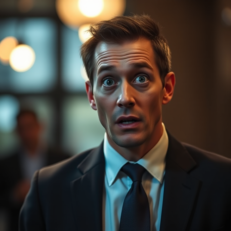 Create a portrait of a man in a suit with a shocked expression, shot in a low light setting with a shallow depth of field, using a DSLR camera at f/2.8, ISO 100, 50mm lens, and 1/125 shutter speed.