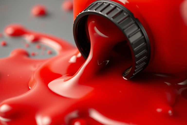 Regenerate an image of a spilled ketchup bottle with a black nozzle, focus on vibrant red colors and dynamic flow, using a Canon EOS 5D Mark IV camera, 50mm lens, ISO 100, aperture f/2.8, shutter speed 1/125 sec, high resolution with a clear depth of field.