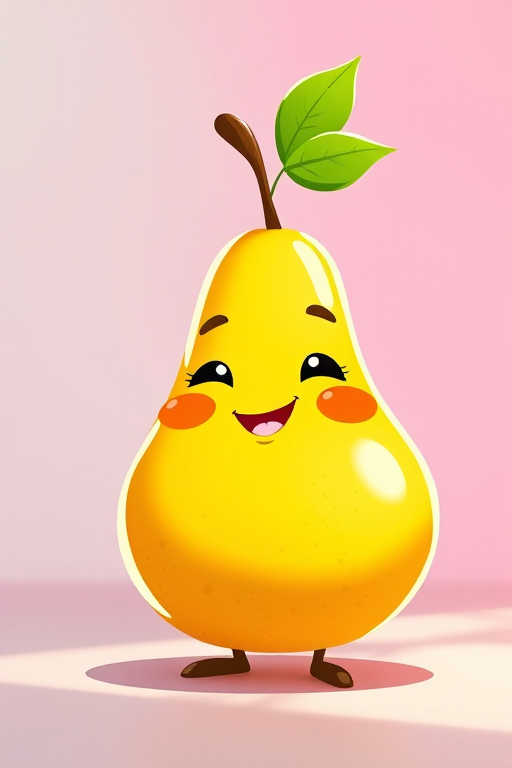 Create a vibrant cartoon illustration of a smiling pear character with bright colors and a leaf on top, using a Canon EOS R5 with a 50mm f/1.2 lens, aperture set to f/2.8, ISO 100, shot in soft natural light to enhance brightness and color saturation.
