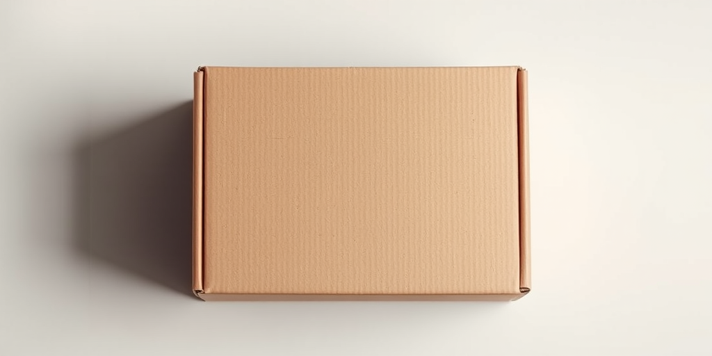 Create a highly detailed and realistic image of a closed cardboard box, top view, with soft lighting and a neutral background, using a DSLR camera at f/8 aperture, 50mm lens, ISO 100, and a shallow depth of field for enhanced focus.