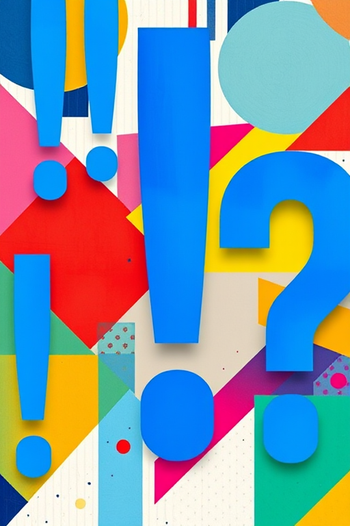 create an abstract digital art piece featuring large blue exclamation and question marks amidst colorful geometric shapes, use a Canon EOS 5D Mark IV with a 24mm lens, aperture f/8, shutter speed 1/125s, ISO 200, shot in a high-resolution style with vibrant colors and clean lines