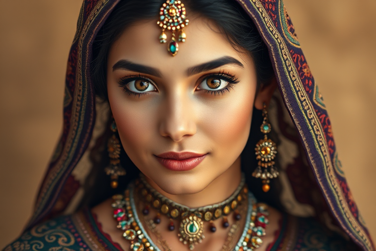 Create a portrait of a beautiful woman with striking hazel eyes and a gentle expression. She is adorned in traditional attire with intricate patterns, including a richly embroidered headscarf and matching garments. Her jewelry includes a delicate headpiece, dangling earrings, and ornate bracelets, all featuring vibrant gemstones and detailed metalwork. The background is soft and warm, enhancing the rich colors of her outfit and jewelry.