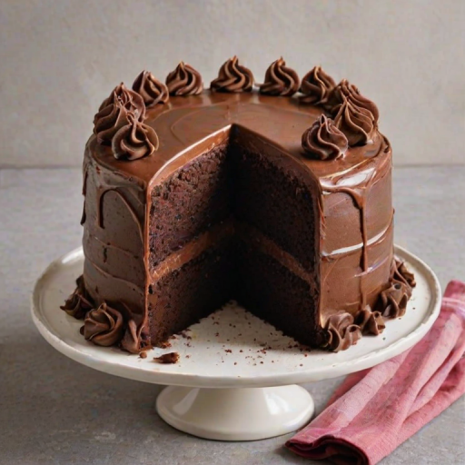 Create a realistic image of a rich chocolate cake with a smooth chocolate frosting. The cake should have a slice cut out, revealing its moist interior. The setting should have a clean, simple background to highlight the cake's texture and shine.