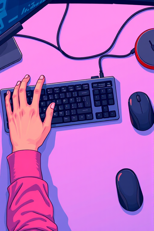 Create a top-down view illustration of a person using a keyboard and mouse with detailed hand positioning, vibrant colors, high resolution, DSLR camera settings, f/4 aperture, 50mm lens, and 300dpi for print quality.