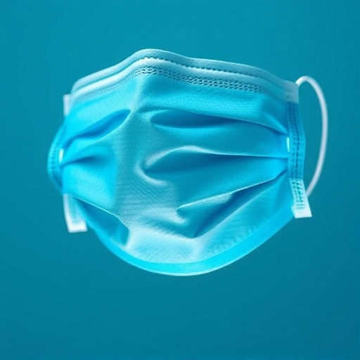 Create a high-resolution digital illustration of a blue surgical mask, featuring intricate details such as texture and stitching, captured with a 50mm lens at f/2.8, 1/125s shutter speed, ISO 100, in a studio lighting setup for clarity and vibrancy.