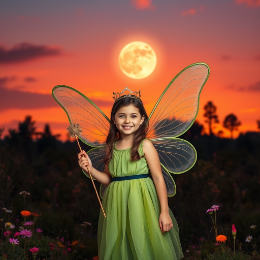 A vivid photo  taken under a bright camera flash of a fantastical scene set against a backdrop of a forest during sunset. The main subject is a girl dressed as a fairy, adorned with translucent wings and a green dress, holding a wand, her face is happy, and she wears a crown on her head. The forest behind her is a blend of flowers, shrubs and trees. The sky is painted in hues of orange and pink, with a large, glowing moon casting a warm glow over the scene. The overall color palette is dominated by earthy tones.