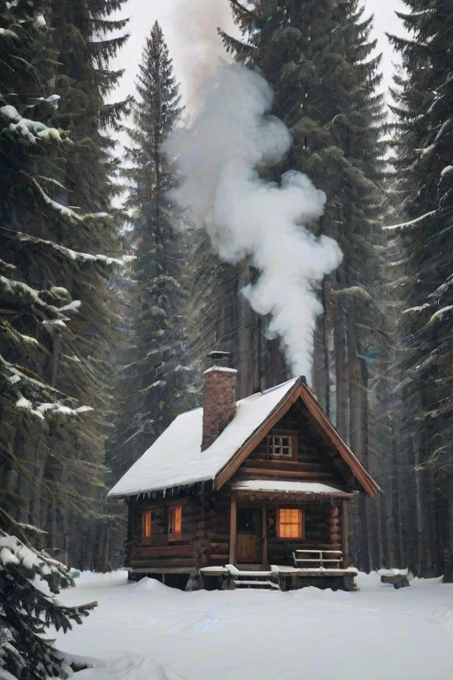 Cozy winter cabin nestled in a snowy forest, smoke drifting lazily from the chimney, surrounded by tall pine trees dusted with snowflakes.