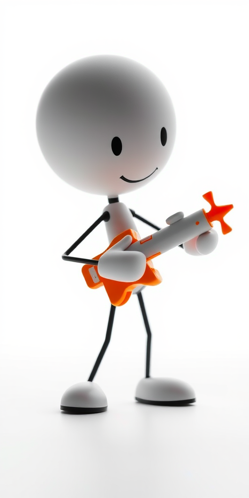 A 3D stick figure character playfully holding a toy, bright white background, soft diffused lighting, camera type: DSLR, camera lens: 50mm f/1.8, aperture: f/2.8, ISO: 100, shutter speed: 1/200s, focus on character with shallow depth of field.