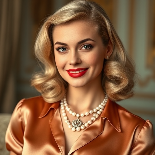 A beautiful Romani woman reminiscent of 1950s Hollywood glamour, with perfectly styled blonde hair and a seductive smile, dressed in a satin blouse and adorned with pearls, soft and warm tones, photorealistic, 8K