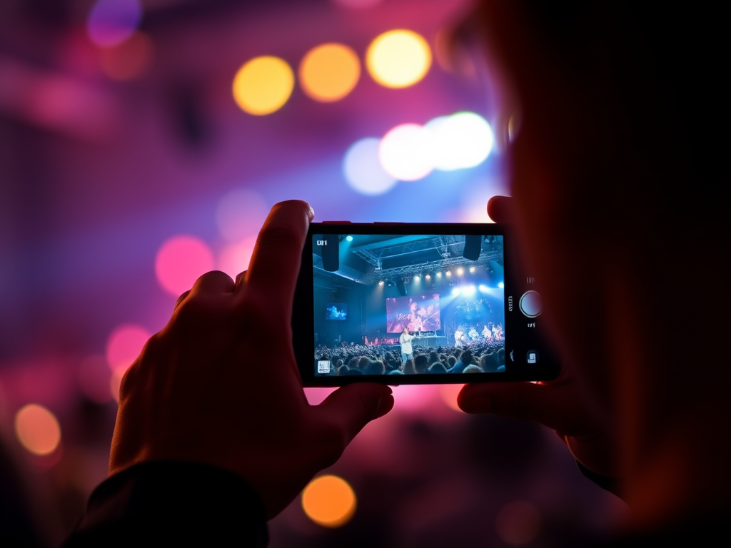 A close-up shot of a person holding a smartphone while recording a concert, featuring blurred lights in the background, with a shallow depth of field, captured using a DSLR camera with a 50mm lens at f/1.8, ISO 800, and a shutter speed of 1/60s, in low light conditions.
