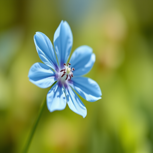 Create an image of a delicate blue flower with soft petals, using a macro lens with a shallow depth of field, ISO 100, aperture f/2.8, 100mm focal length, soft natural lighting, and a vintage film camera style for enhanced detail and texture.