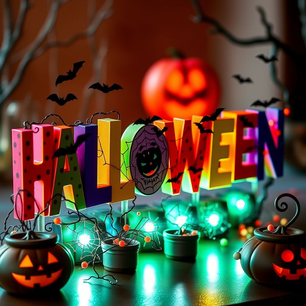 Create a vibrant Halloween-themed illustration featuring colorful letters spelling "HALLOWEEN" adorned with bats and spooky decorations, in high-resolution, shot with a DSLR camera at f/2.8, ISO 100, 50mm lens, natural soft lighting, from a slightly elevated angle to capture depth and detail.