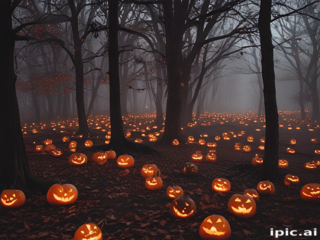 Spooky Forest Filled with Glowing Jack-o'-Lanterns on Halloween Night