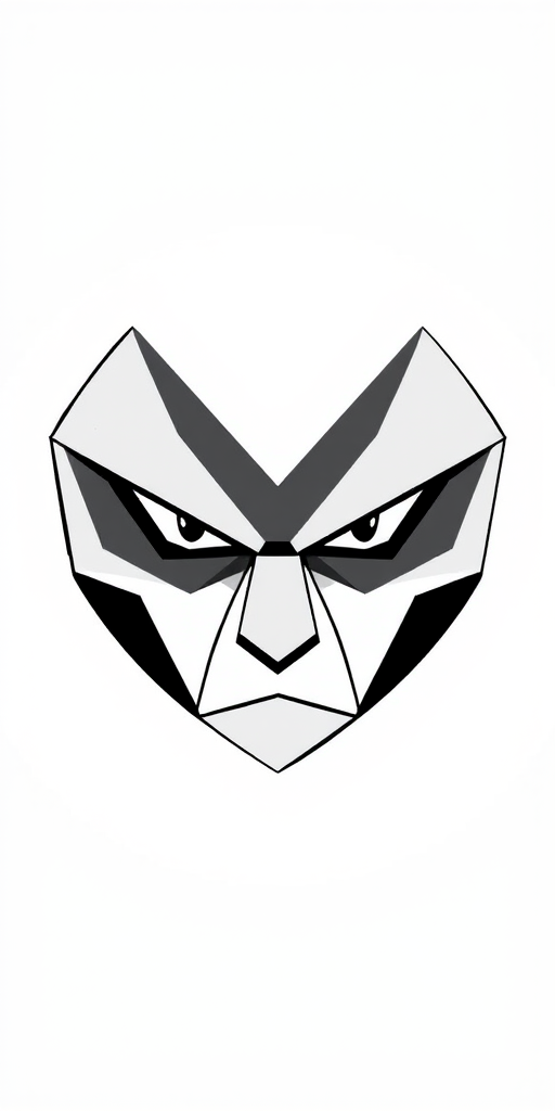 Create a minimalistic illustration of a pentagonal face with sharp angular features, emphasizing intense eyes and a confident expression, use a digital art style, high resolution, with a camera setting of f/2.8, ISO 100, 1/60s shutter speed, top-down view, and a digital drawing tablet as the medium.