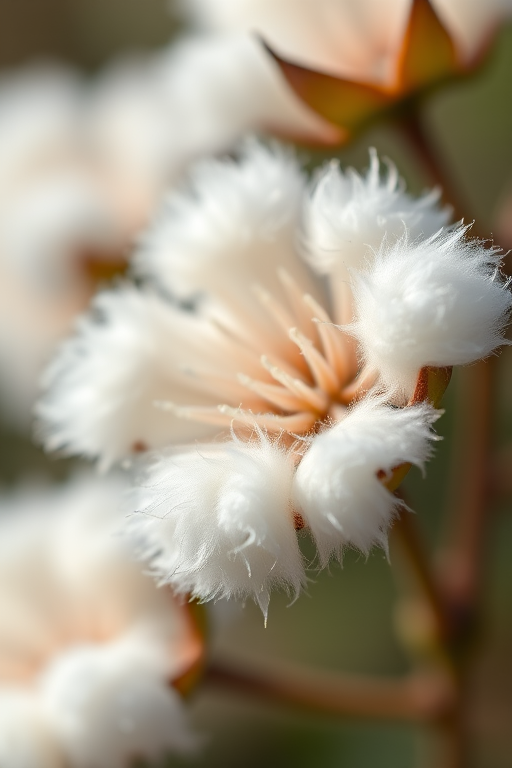 macro shot of a flowering plant with cotton-like texture, shallow depth of field, f/2.8 aperture, 50mm lens, soft natural lighting, ISO 100, taken with a DSLR camera