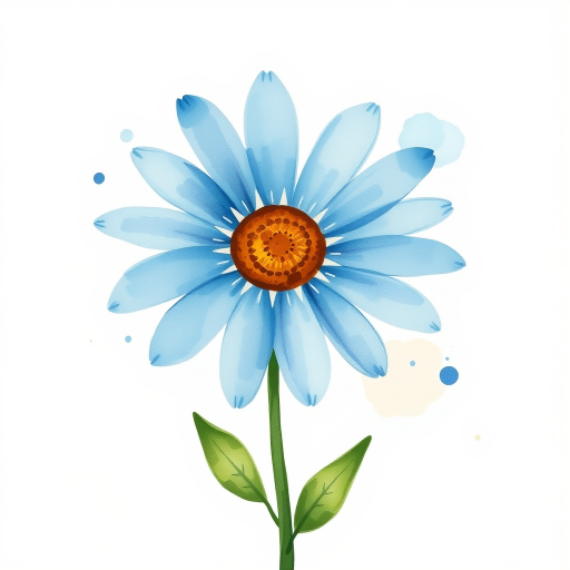 A single blue daisy flower in a loose, whimsical watercolor style. The petals are unevenly spread, with soft blue and brown tones. The stem is thin and slightly curved, with two green leaves, while watercolor splatters create an organic, artistic effect around the flower. The background is light beige with natural watercolor textures and splashes.