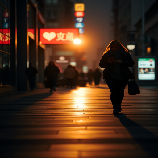 capture a silhouette of a person walking while using a smartphone in an urban setting with backlit signage, aperture f/2.8, shutter speed 1/60s, ISO 200, taken with a DSLR camera from a low angle for dramatic effect