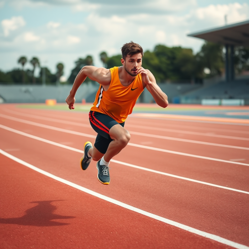 Capture a dynamic action shot of a male sprinter in mid-stride on an athletic track, using a Canon EOS R5, 85mm f/1.4 lens, aperture f/2.8, ISO 100, shutter speed 1/2000 sec, with a low-angle view to emphasize speed and power, in vibrant colors and high contrast.