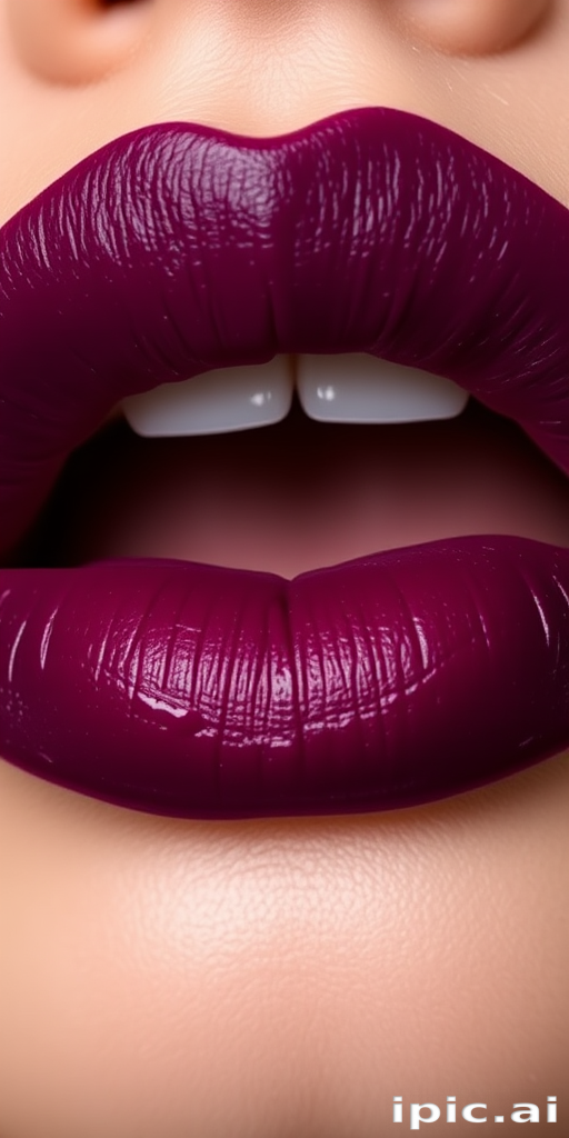 Luscious berry-stained pout boasts a matte finish, showcasing deep purple hues that fade into rich burgundy, capturing attention with its bold and dramatic appearance
