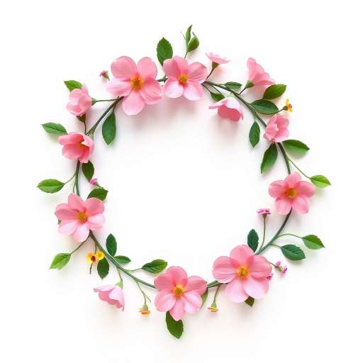 create a circular floral wreath design with pink flowers, green leaves, and small colorful accents on a white background