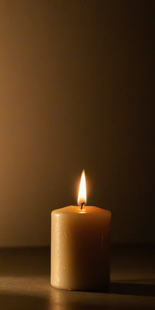 Close-up of a candle’s flame flickering in the darkness, soft golden light illuminating the surrounding area, with shadows dancing on the walls and a sense of calm filling the air.