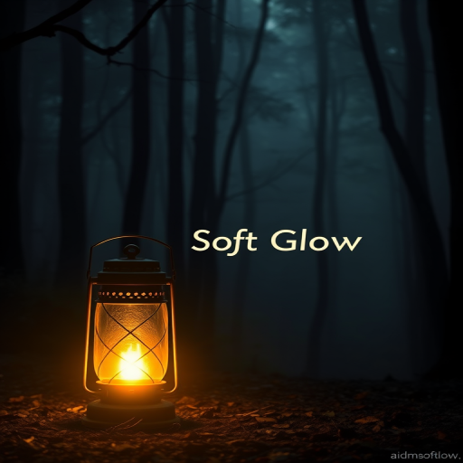 A glowing lantern in a dark forest, casting a soft golden light, with the words "Soft Glow" subtly illuminated within the mist      , aidmasoftglow