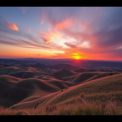 Generate a high-resolution image of a serene landscape featuring rolling hills and a vibrant sunset, captured from a wide-angle perspective using a DSLR camera with a 24mm lens at f/8, ISO 100, and a shutter speed of 1/100 sec.