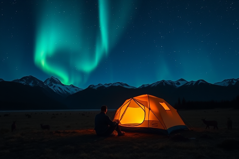 A serene night landscape featuring two campers sitting in front of a tent with the Northern Lights illuminating the sky, majestic mountains in the background, wildlife grazing in the distance, captured with a wide-angle lens, f/8 aperture, ISO 400, 30-second exposure, using a DSLR camera for enhanced clarity and detail.