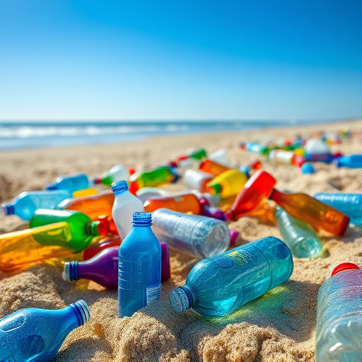beach littered with colorful plastic bottles under a clear blue sky, wide-angle view, shallow depth of field, f/8 aperture, 1/250 second shutter speed, ISO 100, DSLR camera