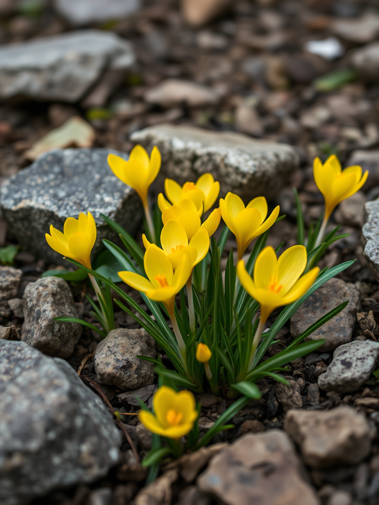 Close-up shot of blooming yellow crocus flowers among green leaves and rocks, captured with a Canon EOS R5, 50mm lens, f/1.8 aperture, ISO 200, natural light, shallow depth of field for a soft background blur.
