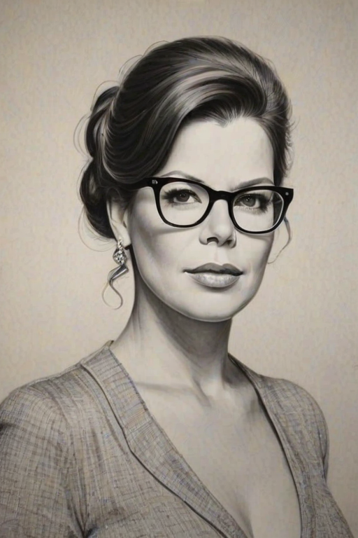 Attractive Marcia Gay Harden, pencil sketch, portrait of Magnificent woman 1945s in glasses, hair style beatnik, outline, clear lines, fine lines, 8k