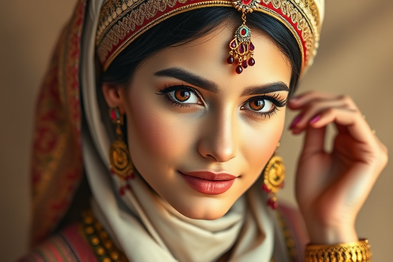 Create a portrait of a beautiful Middle Eastern woman with striking brown eyes and a gentle expression. She is adorned in traditional attire with intricate patterns, including a richly embroidered headscarf and matching garments. Her jewelry includes a delicate headpiece, dangling earrings, and ornate bracelets, all featuring vibrant gemstones and detailed metalwork. The background is soft and warm, enhancing the rich colors of her outfit and jewelry.