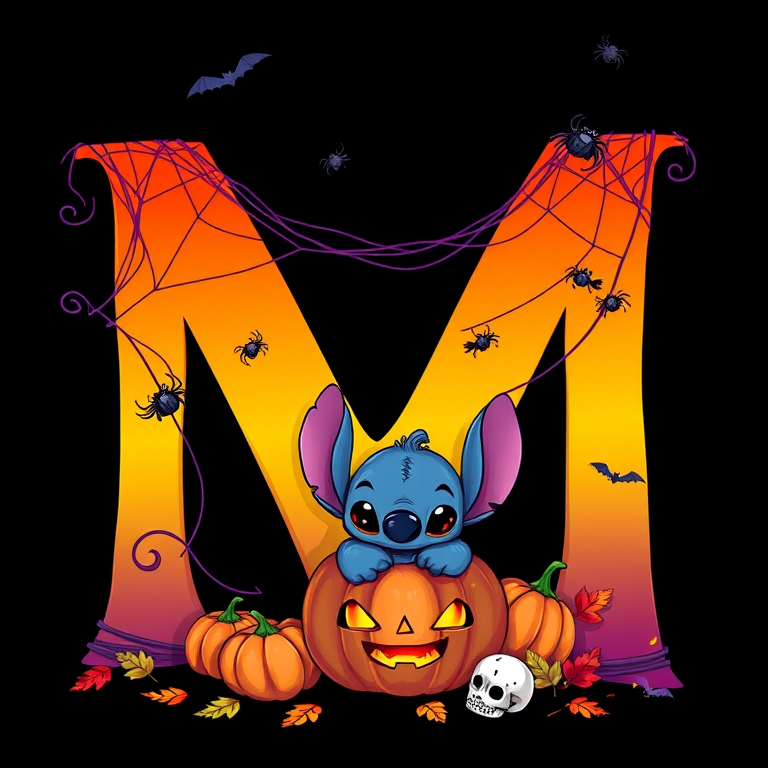 A whimsical and vibrant Halloween-themed digital illustration featuring the letter "M" adorned with spider webs, small bats, and cute spiders. At the base of the letter, a playful alien character similar to Stitch is peeking out from inside a carved pumpkin with glowing eyes, surrounded by additional pumpkins, a small skull, and autumn leaves. The letter is gradient-colored from orange to purple, adding a magical atmosphere to the scene, black background