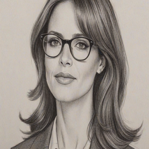 Elegant Andrea Savage, pencil sketch, portrait of Pleasing woman 1965s in glasses, hair style beatnik, outline, clear lines, fine lines, 8k