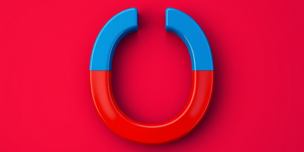 Create a high-resolution digital illustration of a horseshoe magnet divided vertically into blue and red halves, with a glossy finish, using a DSLR camera at f/8 aperture, ISO 100, 50mm lens, top-down view, and soft, even lighting to enhance colors and details.