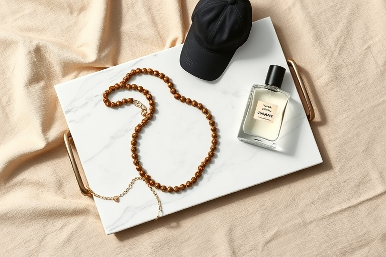 photograph a stylish flat lay of a marble tray with a beaded necklace, a black cap, and a clear perfume bottle on a textured beige fabric background, use a 50mm lens, aperture f/2.8 for shallow depth of field, natural lighting for soft shadows, and a Canon EOS R camera for high-resolution output