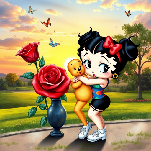 Luxury 3D HD realistic watercolor oil painting. Betty Boop with black hair in two messy buns. Red headband with big bow. He wears black shorts with a colorful t-shirt. White sneakers. She is standing hugging winnie the pooth next to a large vase with a tall red rose, There are trees and butterflies flying. The land with a beautiful lawn. Full body. Background of a sunset