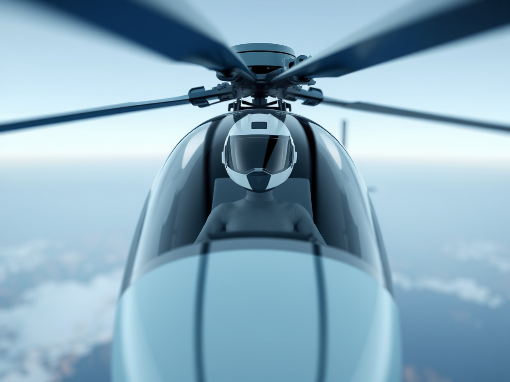 Create a 3D render of a modern helicopter with a simplified human figure wearing a helmet, aerial view, high resolution, f/8 aperture, 1/1000 shutter speed, ISO 100, studio lighting, rendered with Autodesk Maya.