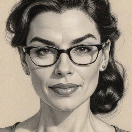 Captivating Julianna Margulies, pencil sketch, portrait of Enticing woman 1954s in glasses, hair style beatnik, outline, clear lines, fine lines, 8k